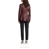Women's Burgundy Sheepskin Leather Peplum Jacket – view 3