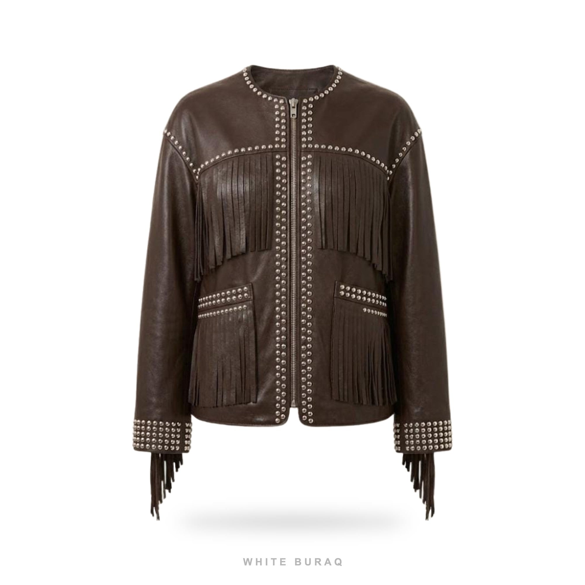 Women's Brown Leather Studded Fringe Western Jacket
