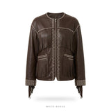 Women's Brown Leather Studded Fringe Western Jacket