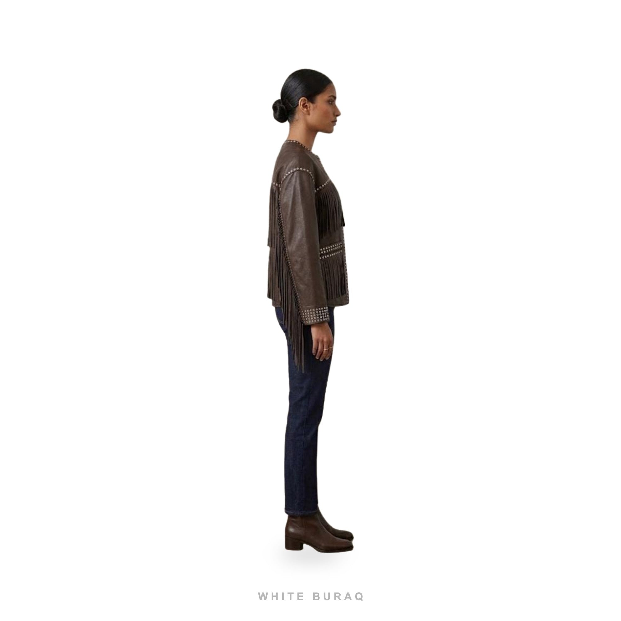 Women's Brown Leather Studded Fringe Western Jacket – view 3