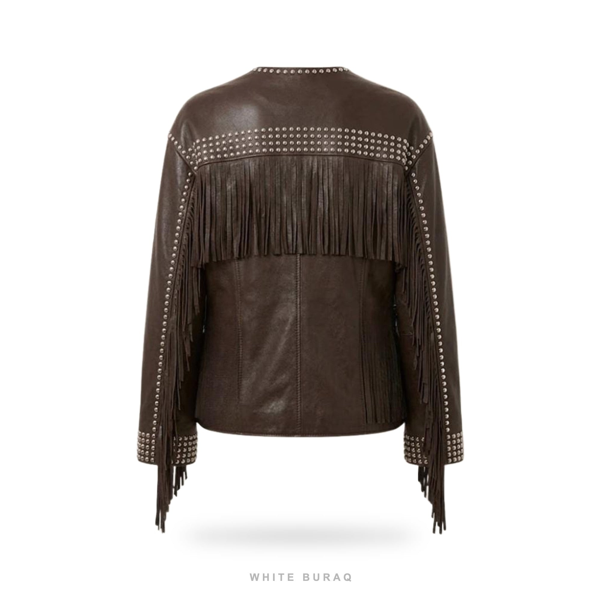 Women's Brown Leather Studded Fringe Western Jacket – view 4
