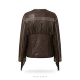 Women's Brown Leather Studded Fringe Western Jacket – view 4