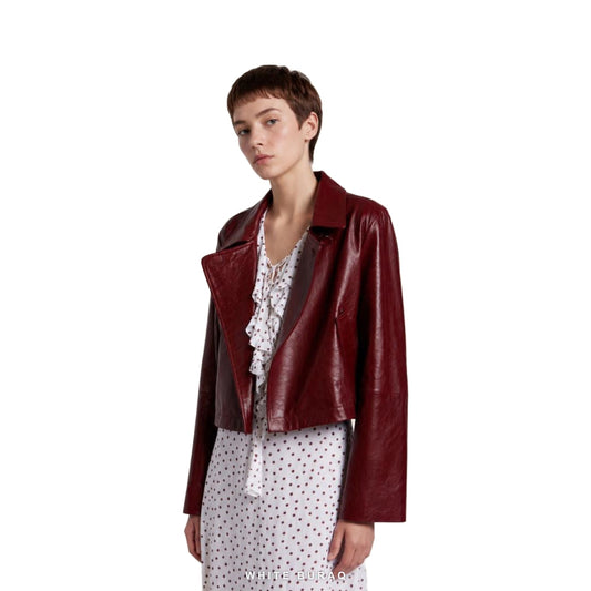 Women's Burgundy Wide-Lapel Cropped Leather Jacket