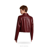 Women's Burgundy Wide-Lapel Cropped Leather Jacket – view 3