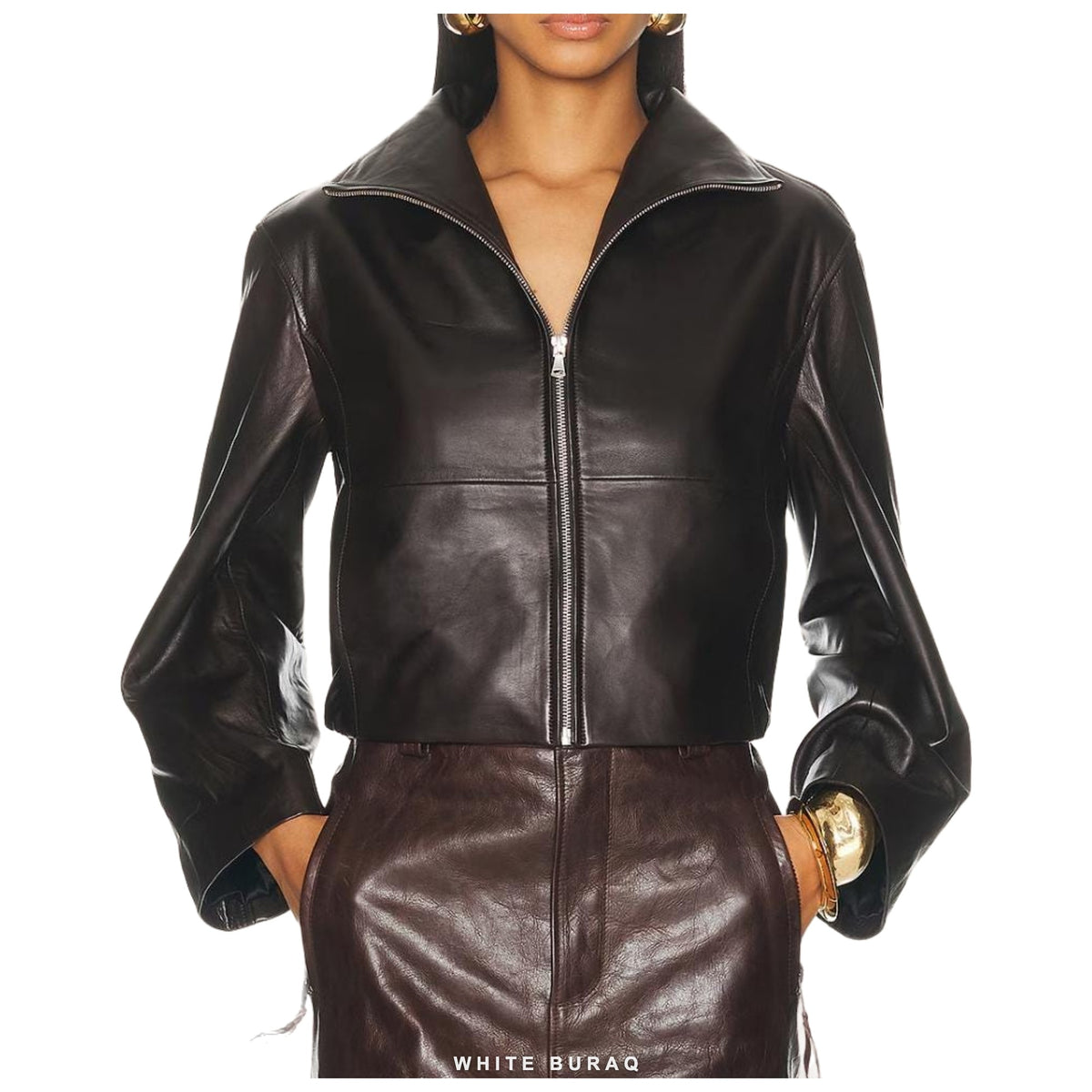 Women's Dark Brown Leather Fold-Collar Cropped Jacket