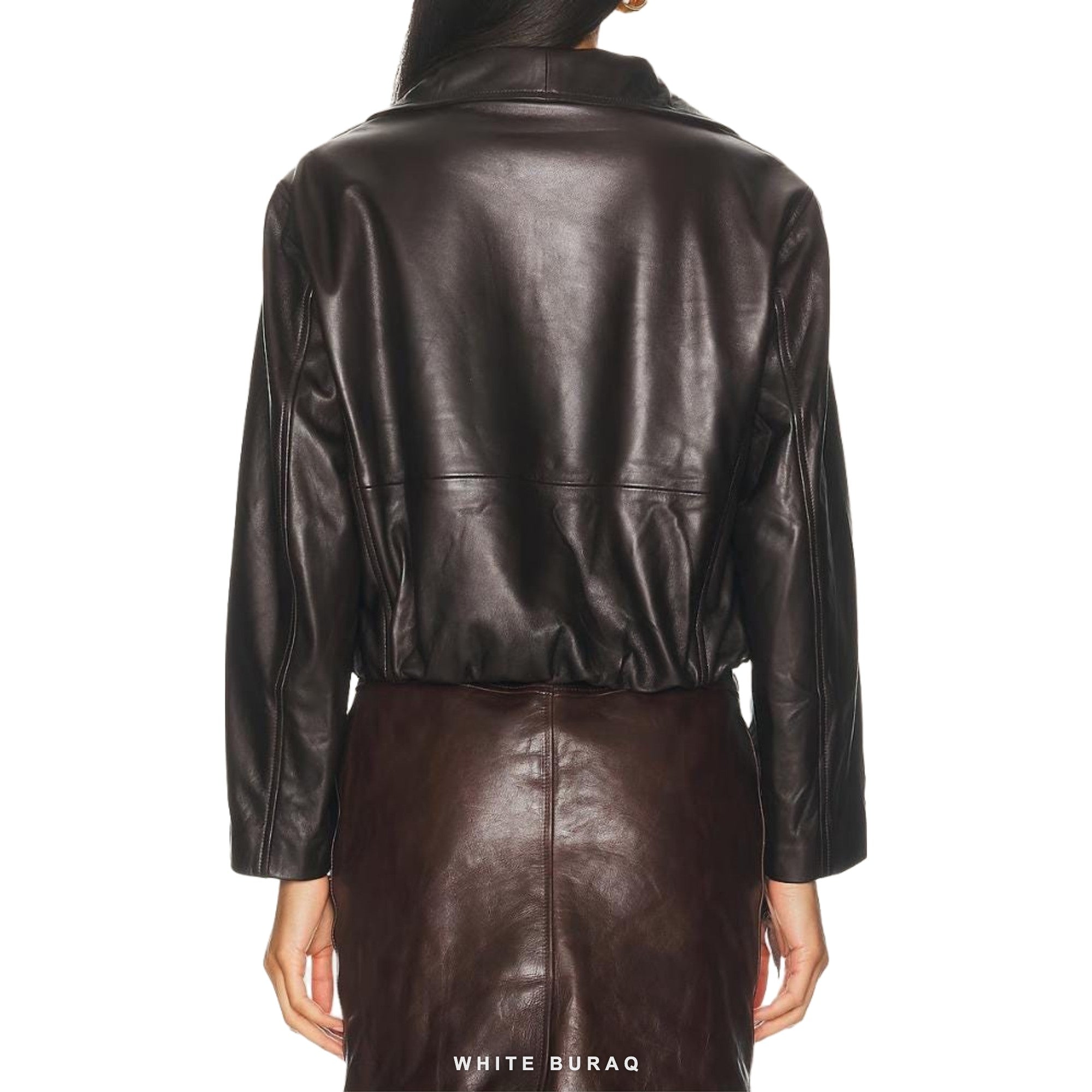Women's Dark Brown Leather Fold-Collar Cropped Jacket – view 3