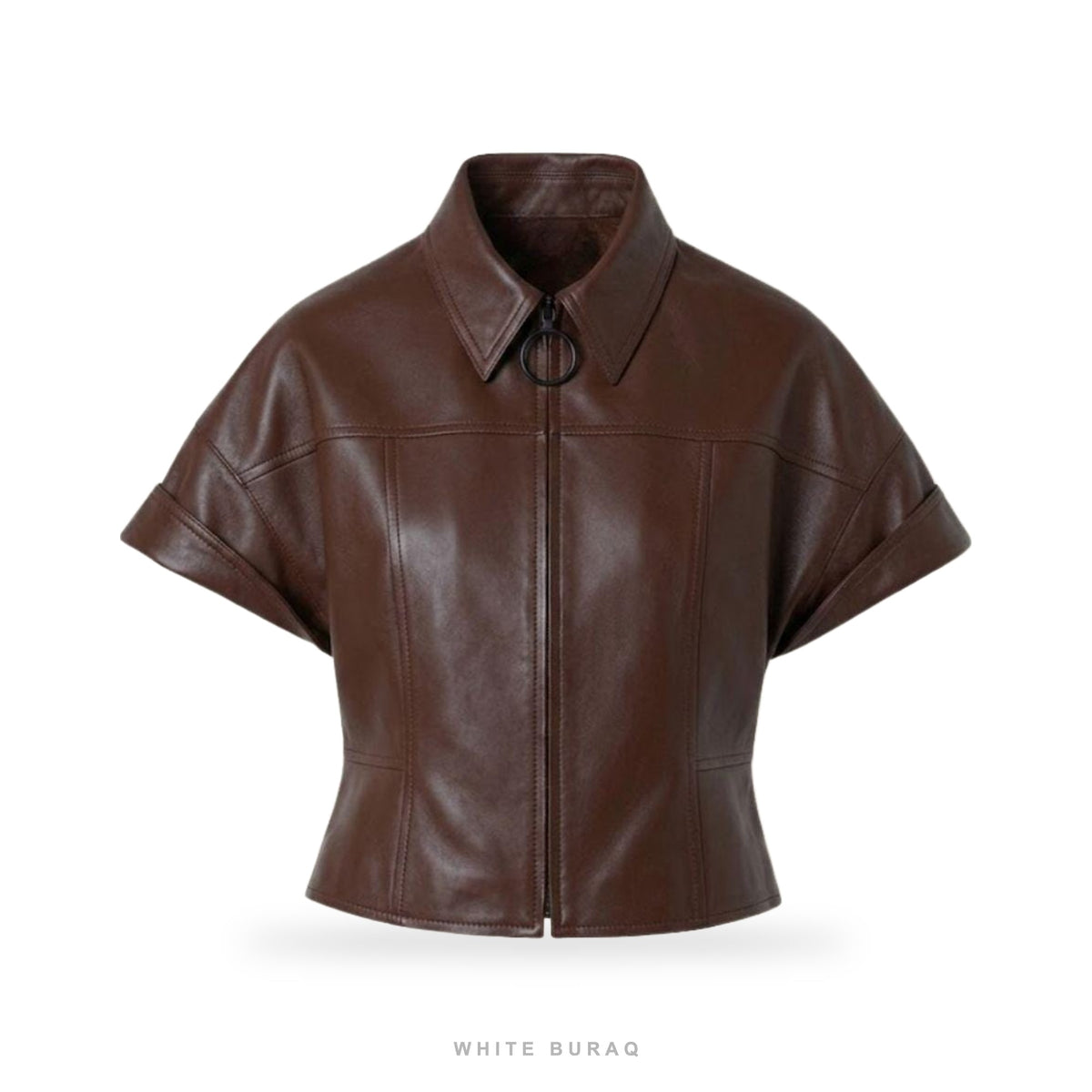 Women's Dark Brown Leather Short-Sleeve Cropped Zip Top
