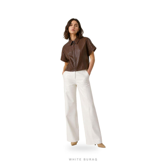 Women's Dark Brown Leather Short-Sleeve Cropped Zip Top – view 2