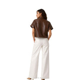 Women's Dark Brown Leather Short-Sleeve Cropped Zip Top – view 3