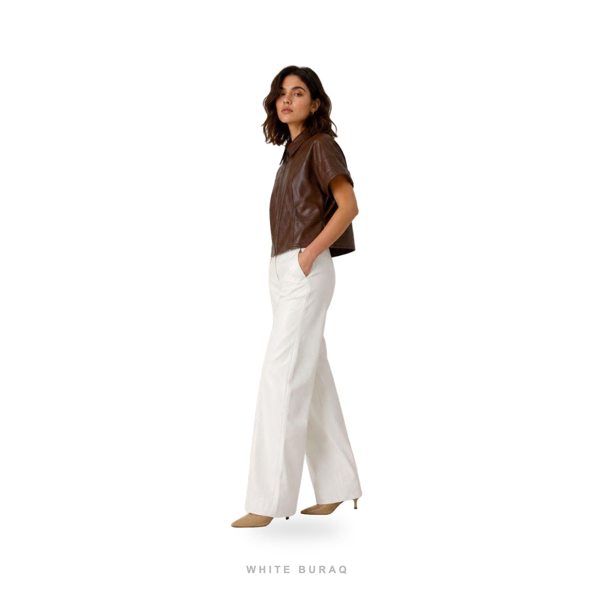 Women's Dark Brown Leather Short-Sleeve Cropped Zip Top – view 4