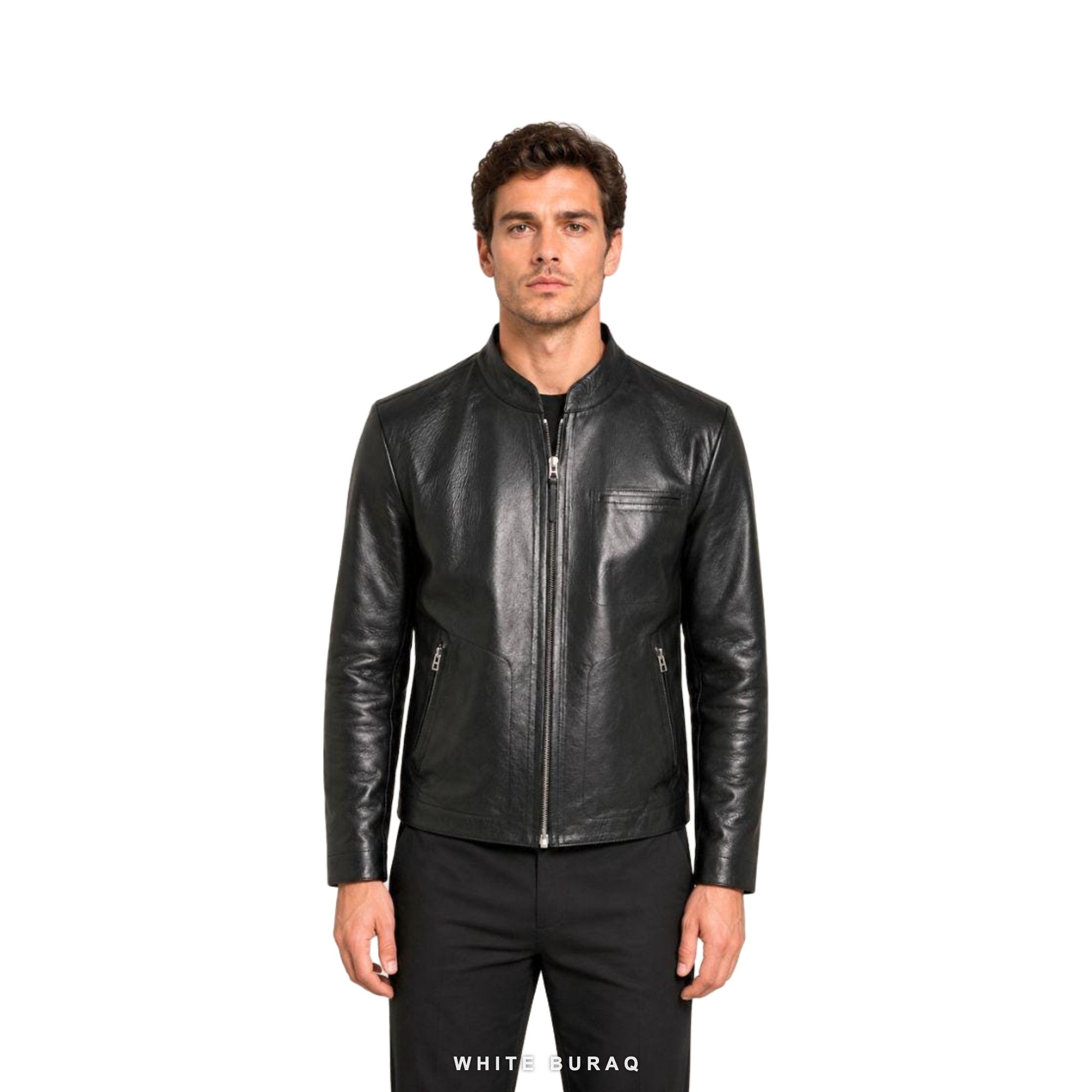Men's Black Collarless Leather Zip Jacket
