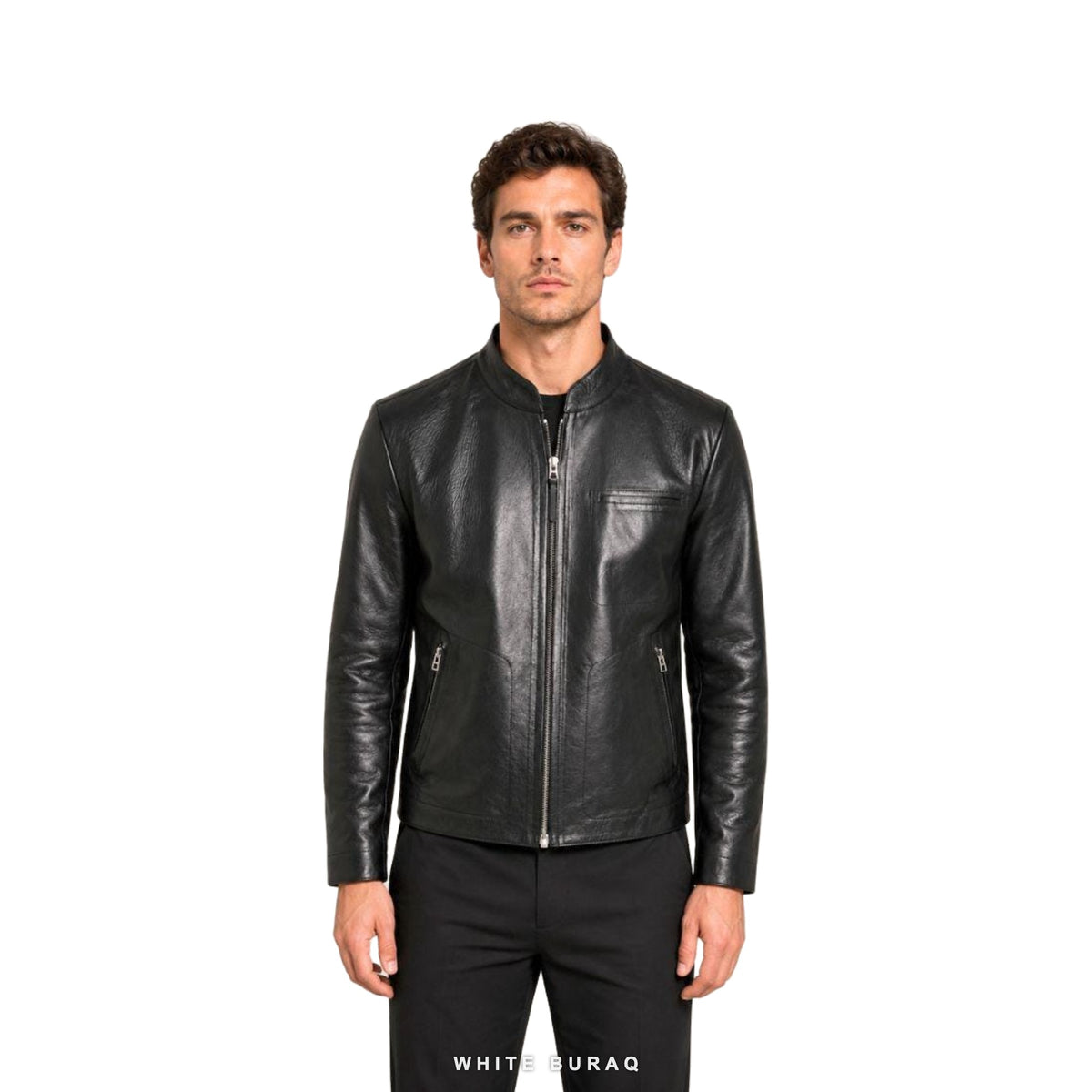 Men's Black Collarless Leather Zip Jacket