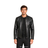 Men's Black Collarless Leather Zip Jacket – view 3