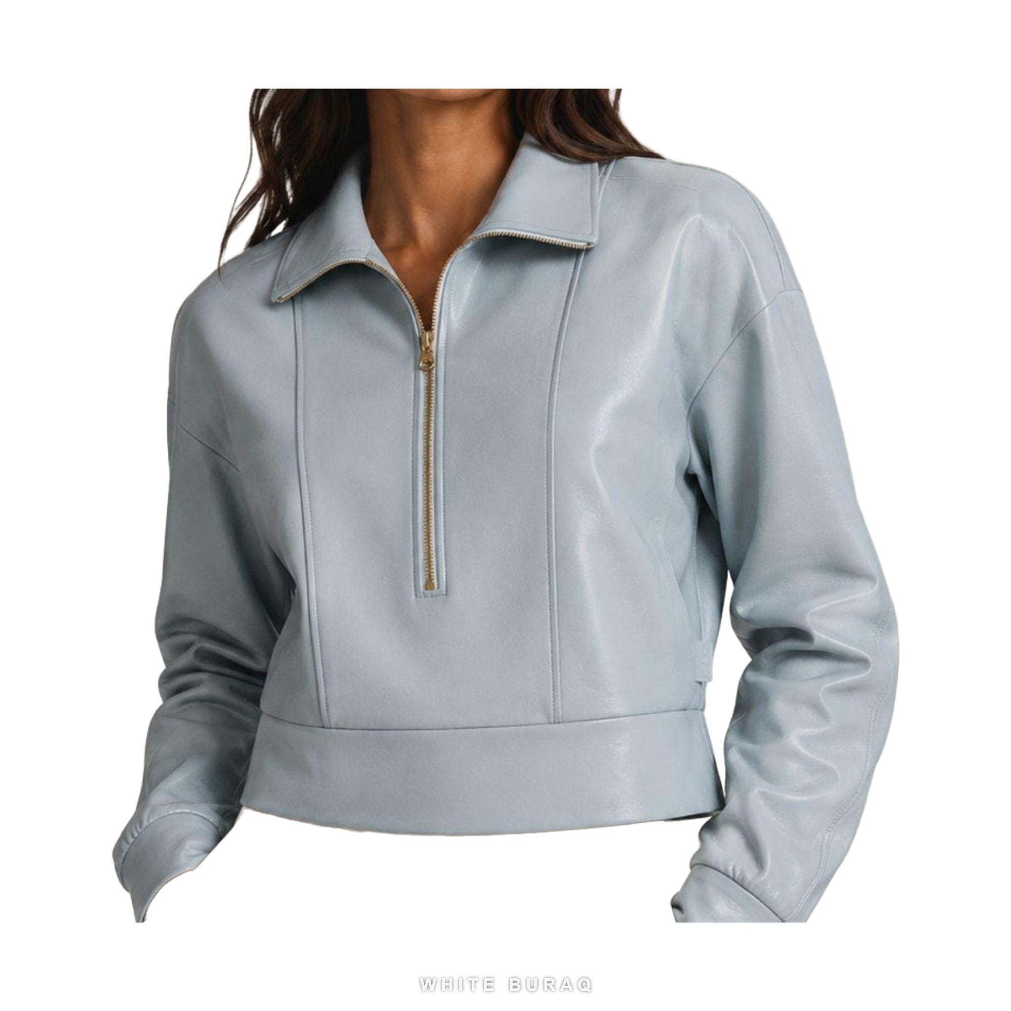 Women's Sky Blue Leather Quarter-Zip Pullover – view 4