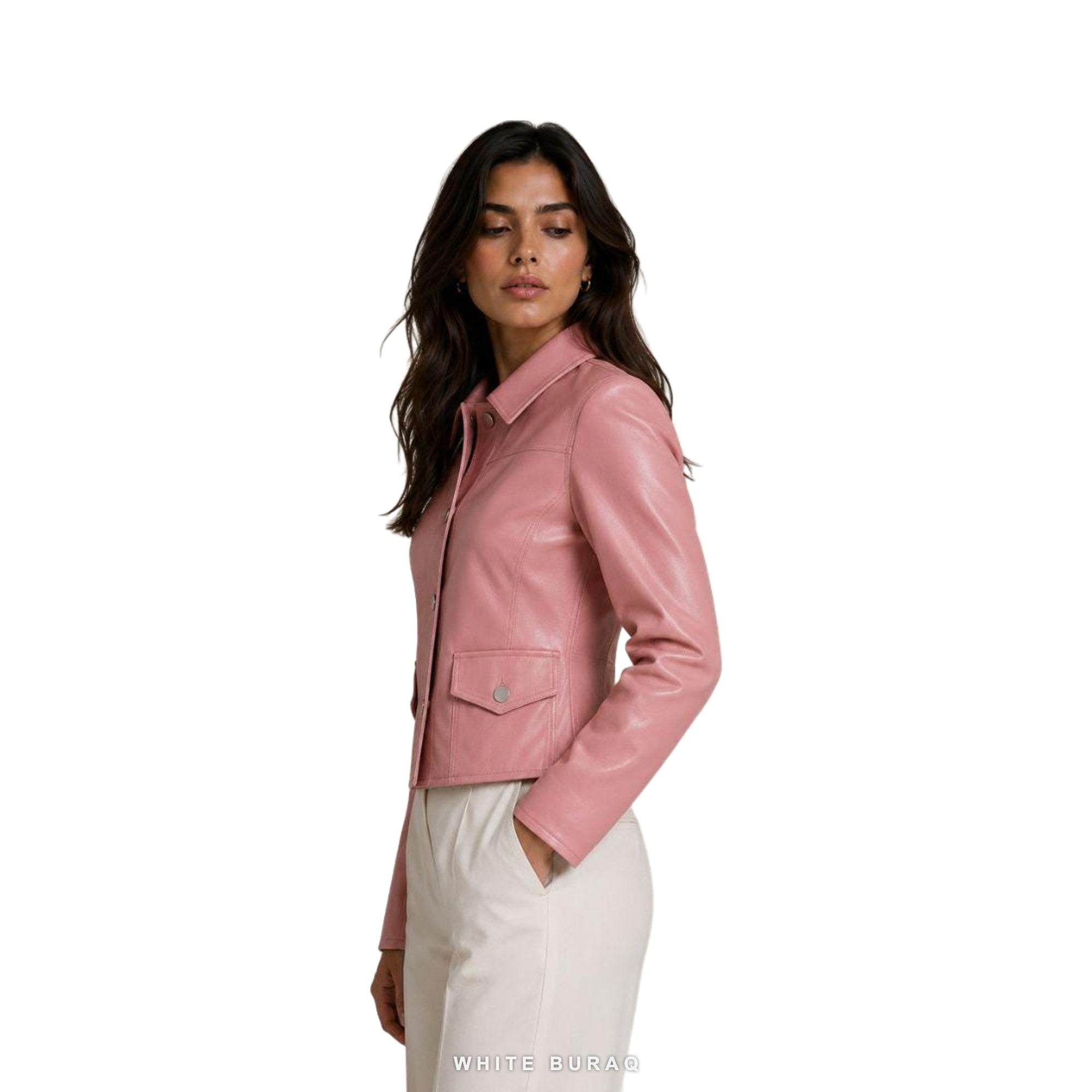 Women's Pink Leather Cropped Button-Down Jacket – view 3