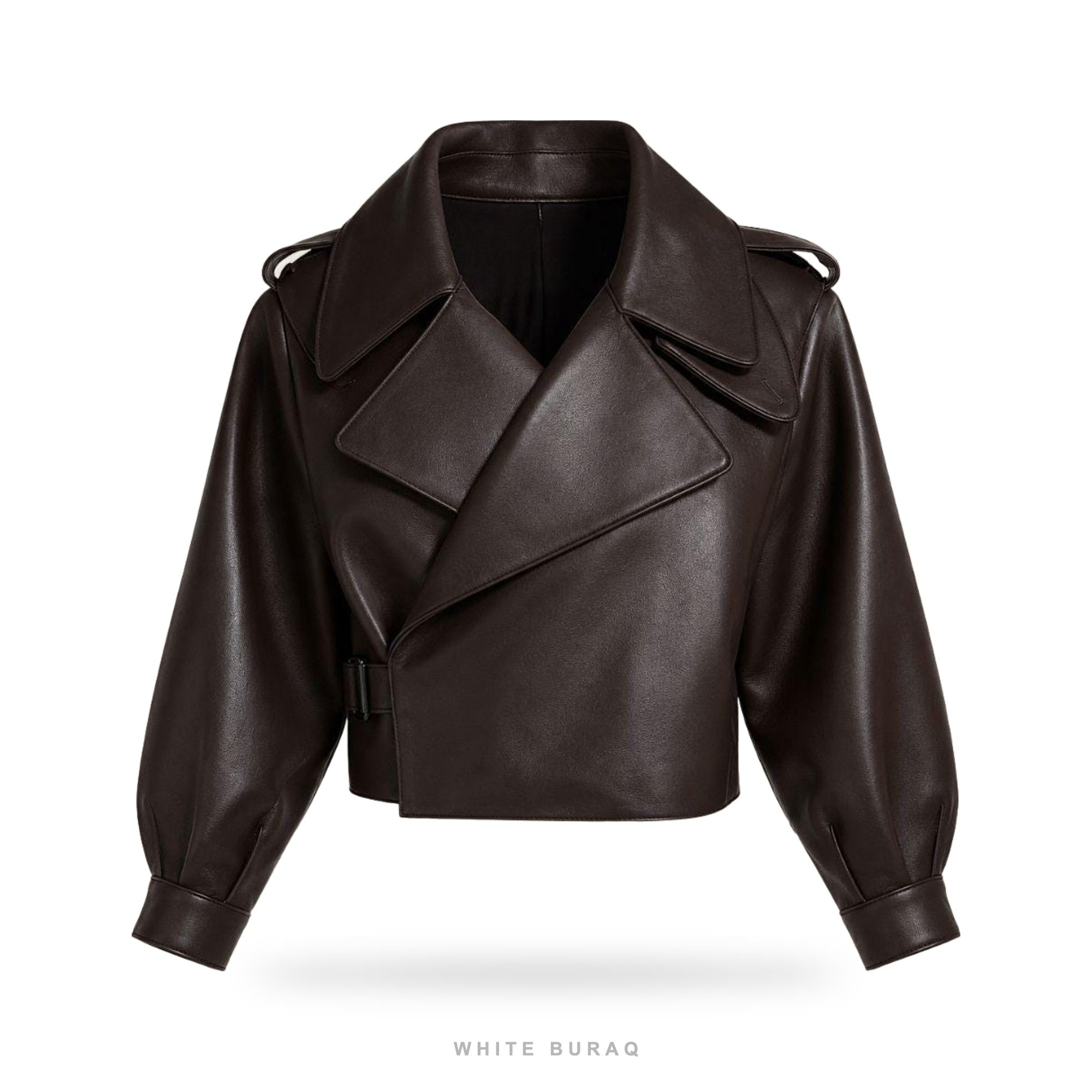 Women's Dark Brown Oversized-Lapel Cropped Biker Jacket