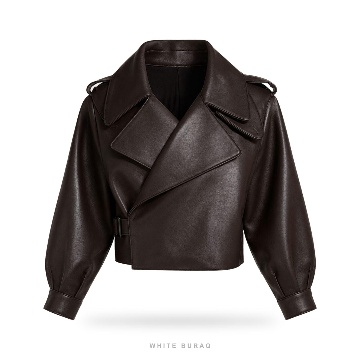 Women's Dark Brown Oversized-Lapel Cropped Biker Jacket