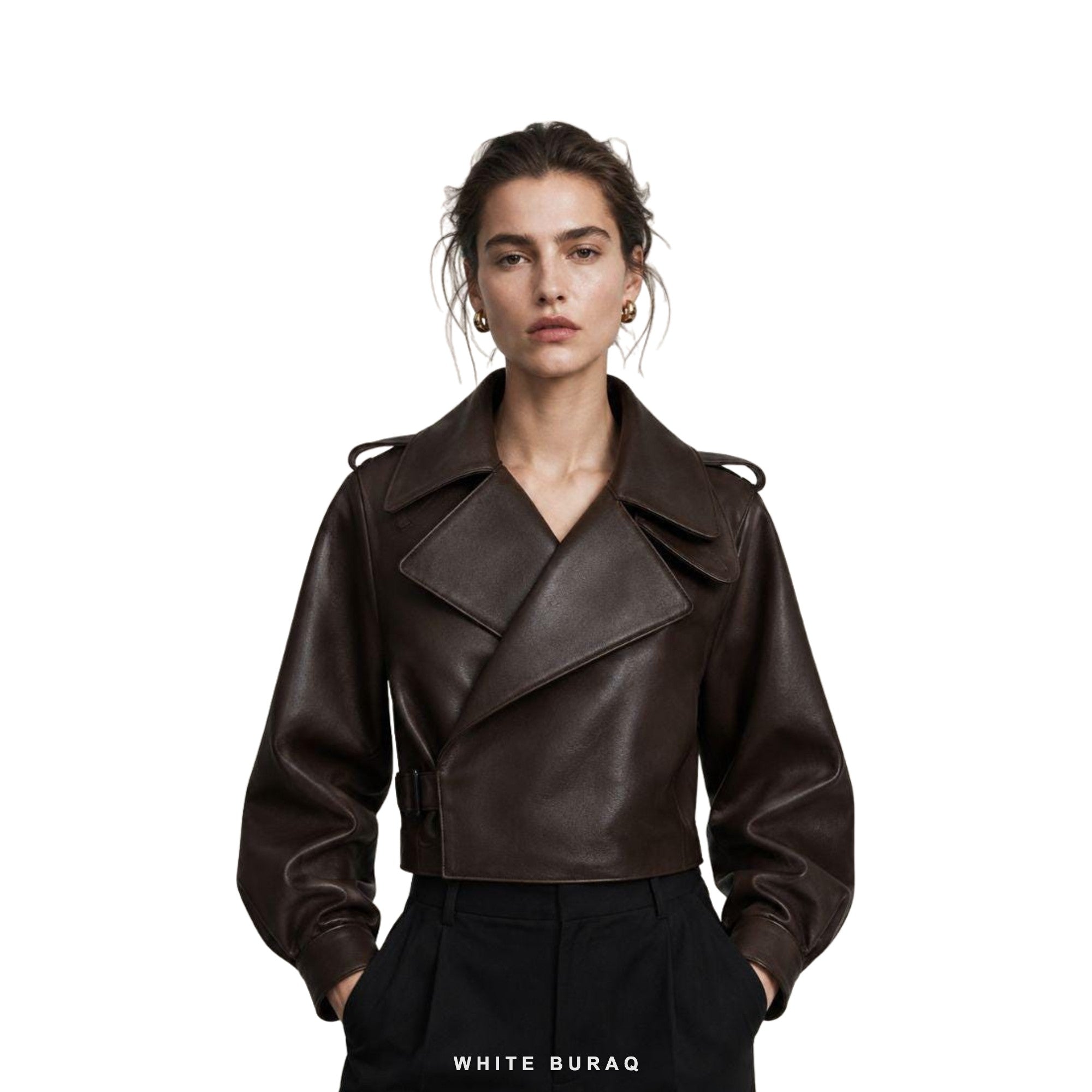 Women's Dark Brown Oversized-Lapel Cropped Biker Jacket – view 2