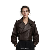 Women's Dark Brown Oversized-Lapel Cropped Biker Jacket – view 2