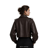Women's Dark Brown Oversized-Lapel Cropped Biker Jacket – view 3