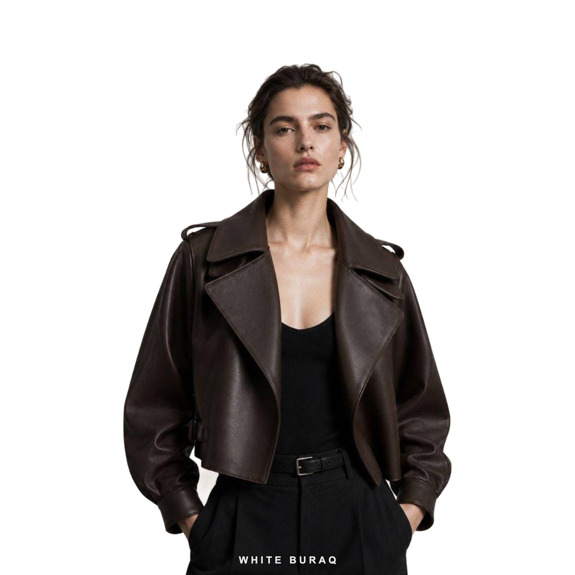 Women's Dark Brown Oversized-Lapel Cropped Biker Jacket – view 4