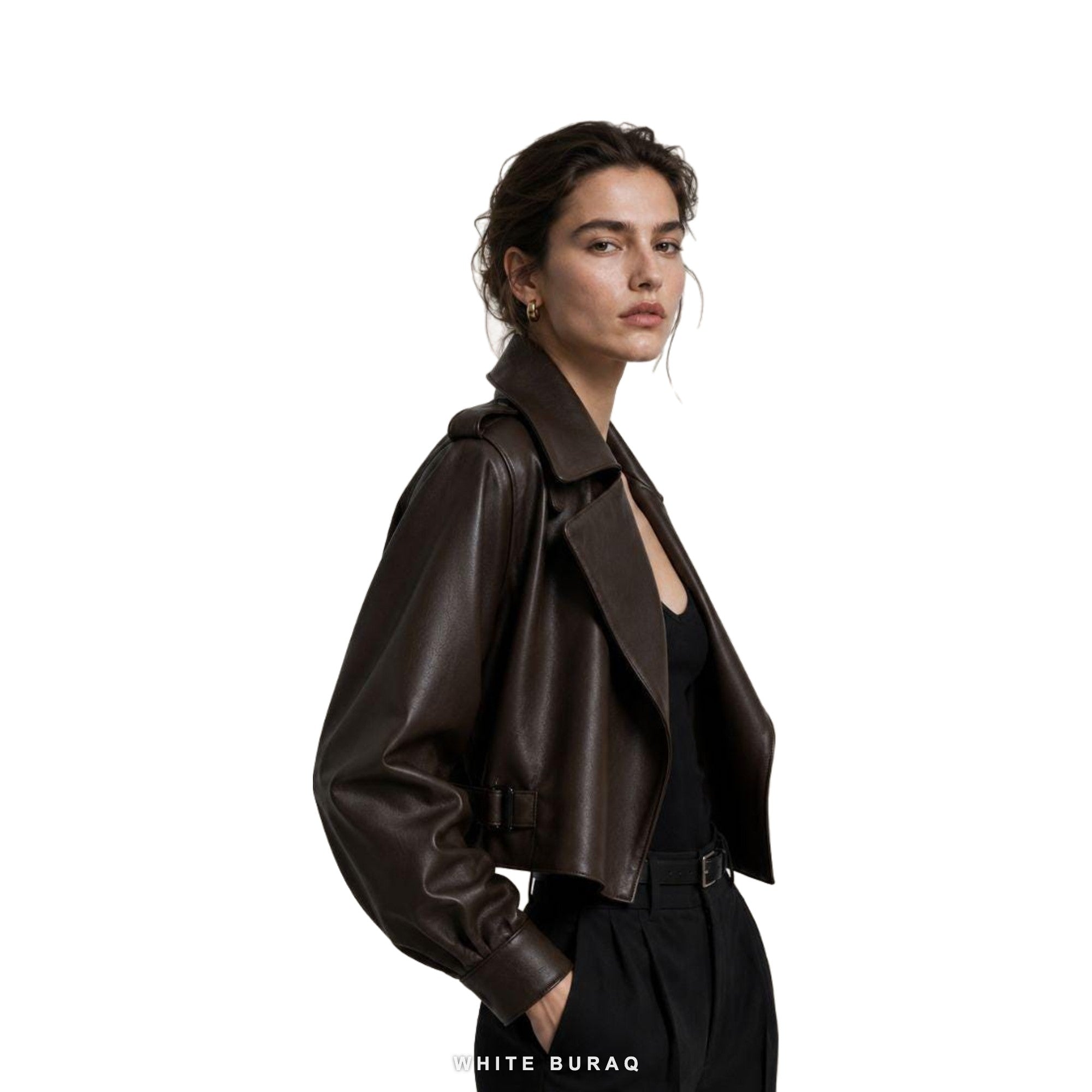 Women's Dark Brown Oversized-Lapel Cropped Biker Jacket – view 5