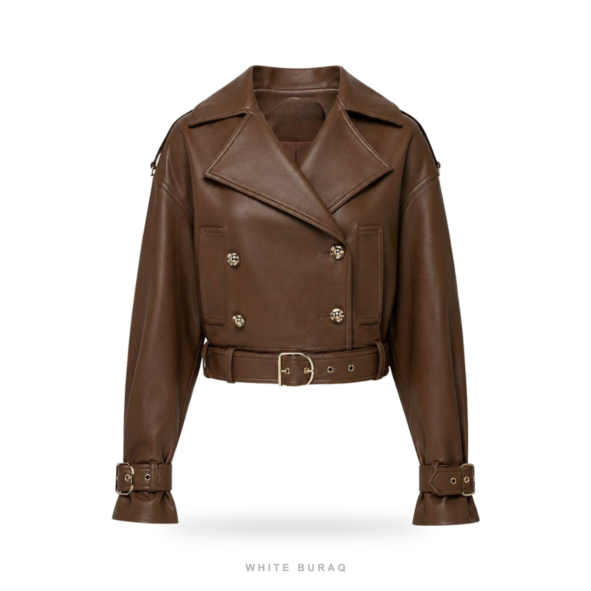 Women's Brown Double-Breasted Belted Biker Jacket