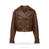 Women's Brown Double-Breasted Belted Biker Jacket