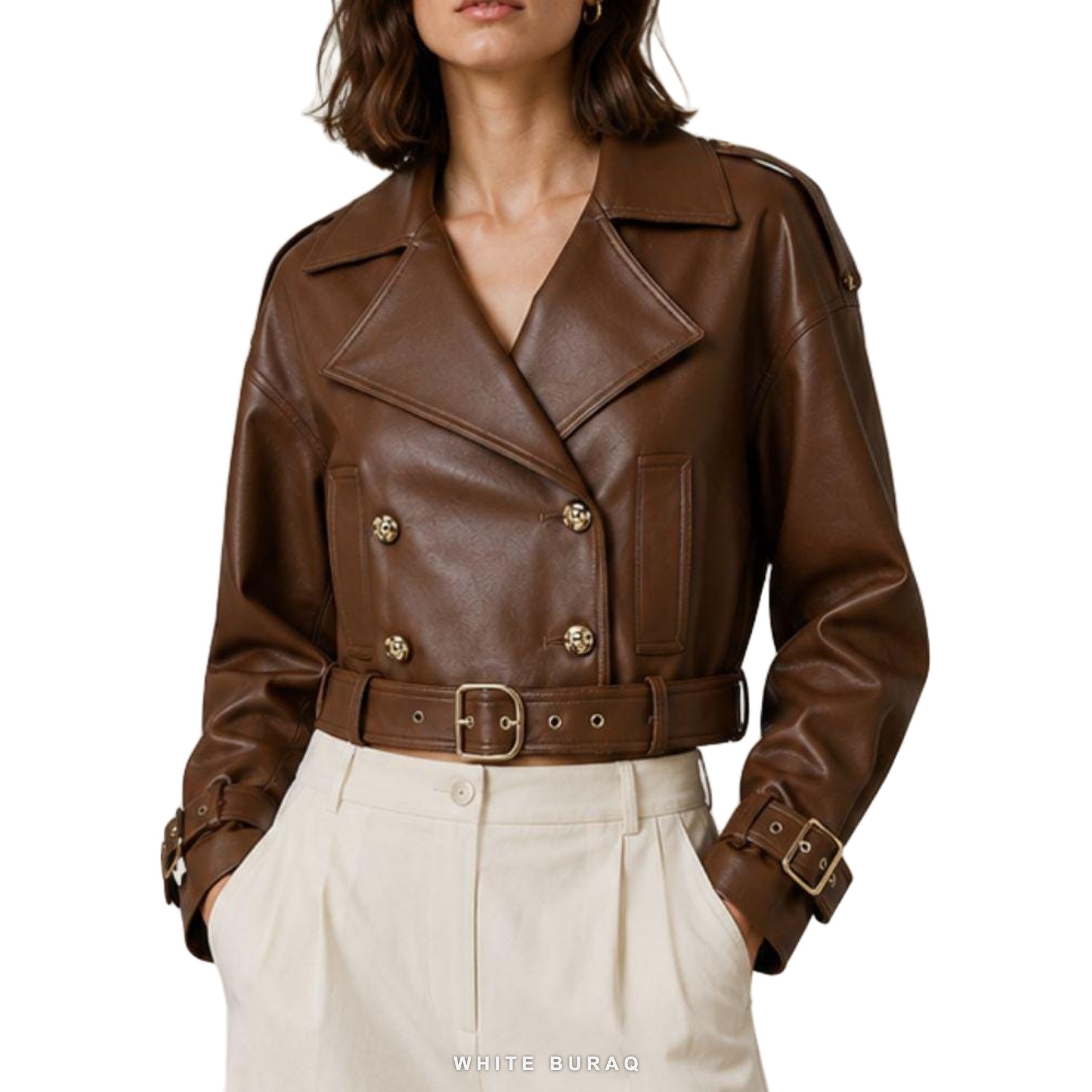 Women's Brown Double-Breasted Belted Biker Jacket – view 2