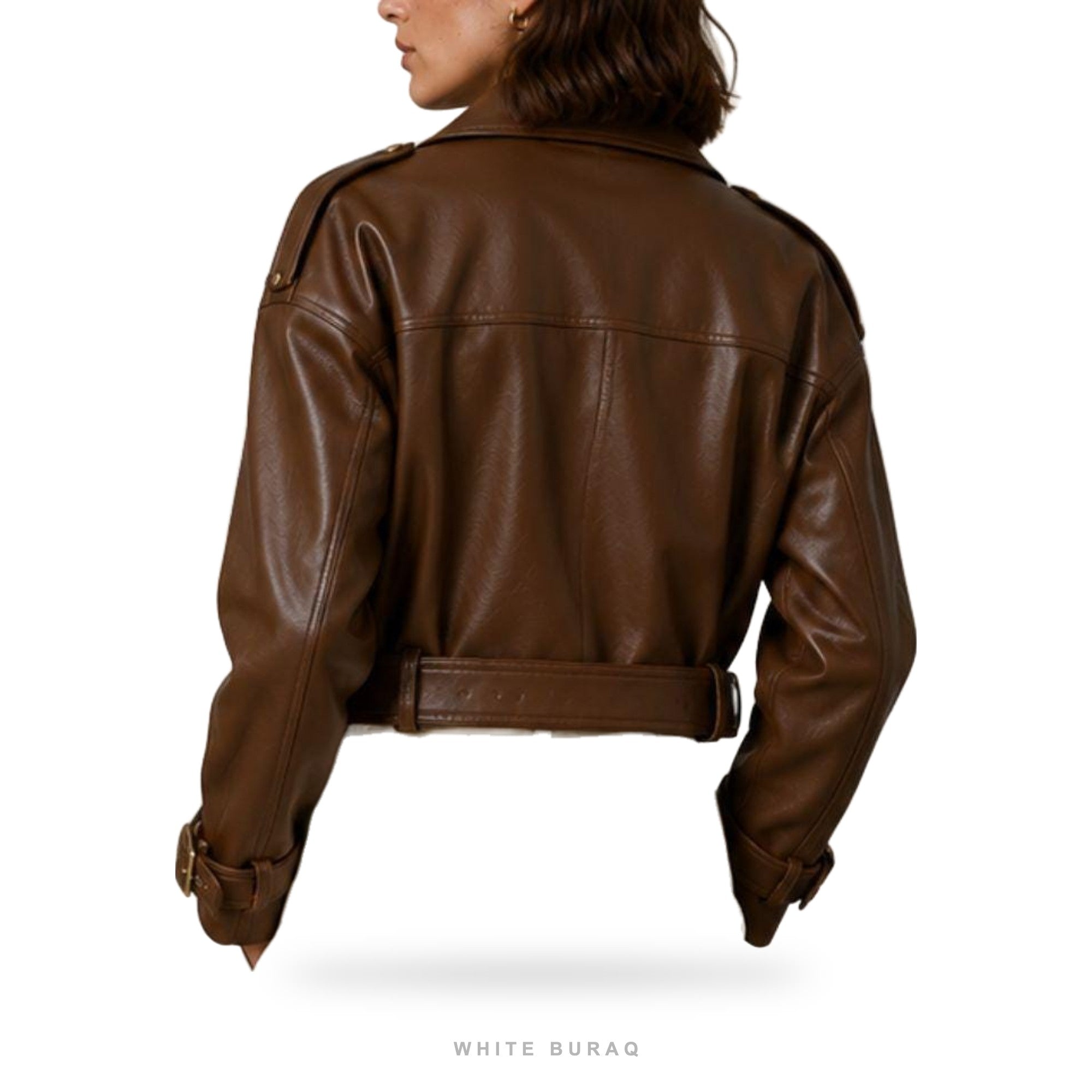 Women's Brown Double-Breasted Belted Biker Jacket – view 3