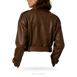 Women's Brown Double-Breasted Belted Biker Jacket – view 3