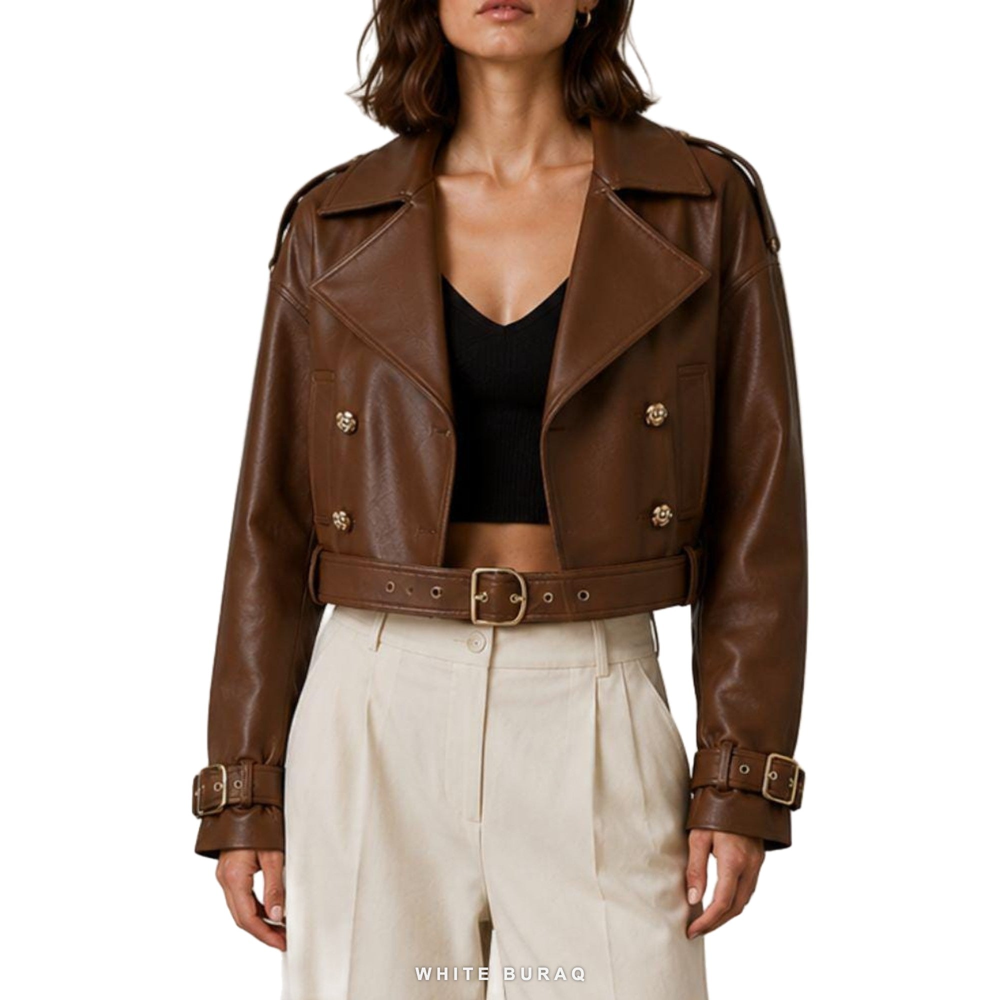 Women's Brown Double-Breasted Belted Biker Jacket – view 4