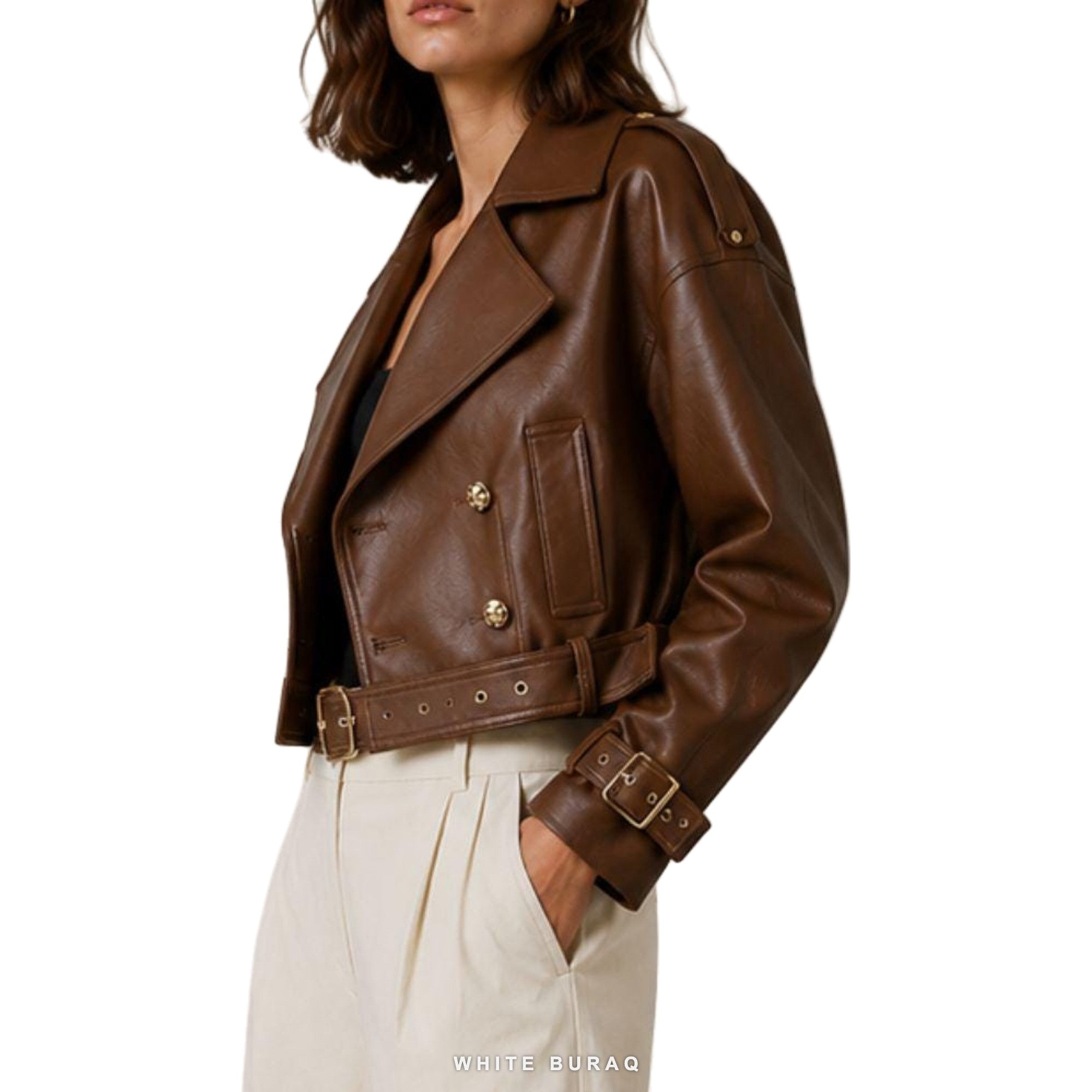 Women's Brown Double-Breasted Belted Biker Jacket – view 5