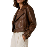 Women's Brown Double-Breasted Belted Biker Jacket – view 5