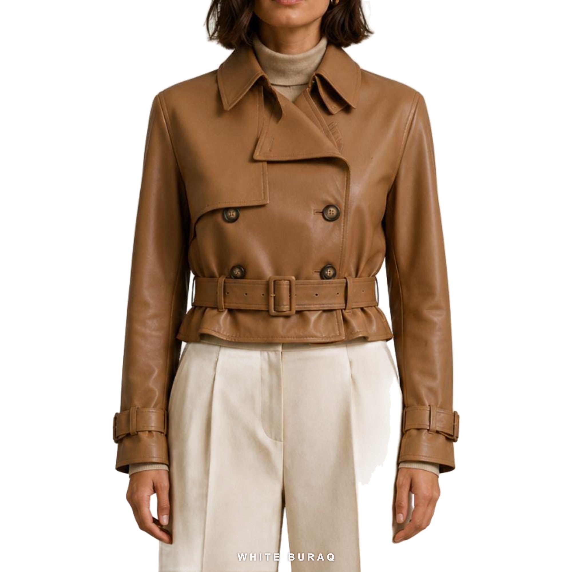 Women's Camel Double-Breasted Belted Biker Jacket