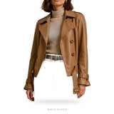 Women's Camel Double-Breasted Belted Biker Jacket – view 3