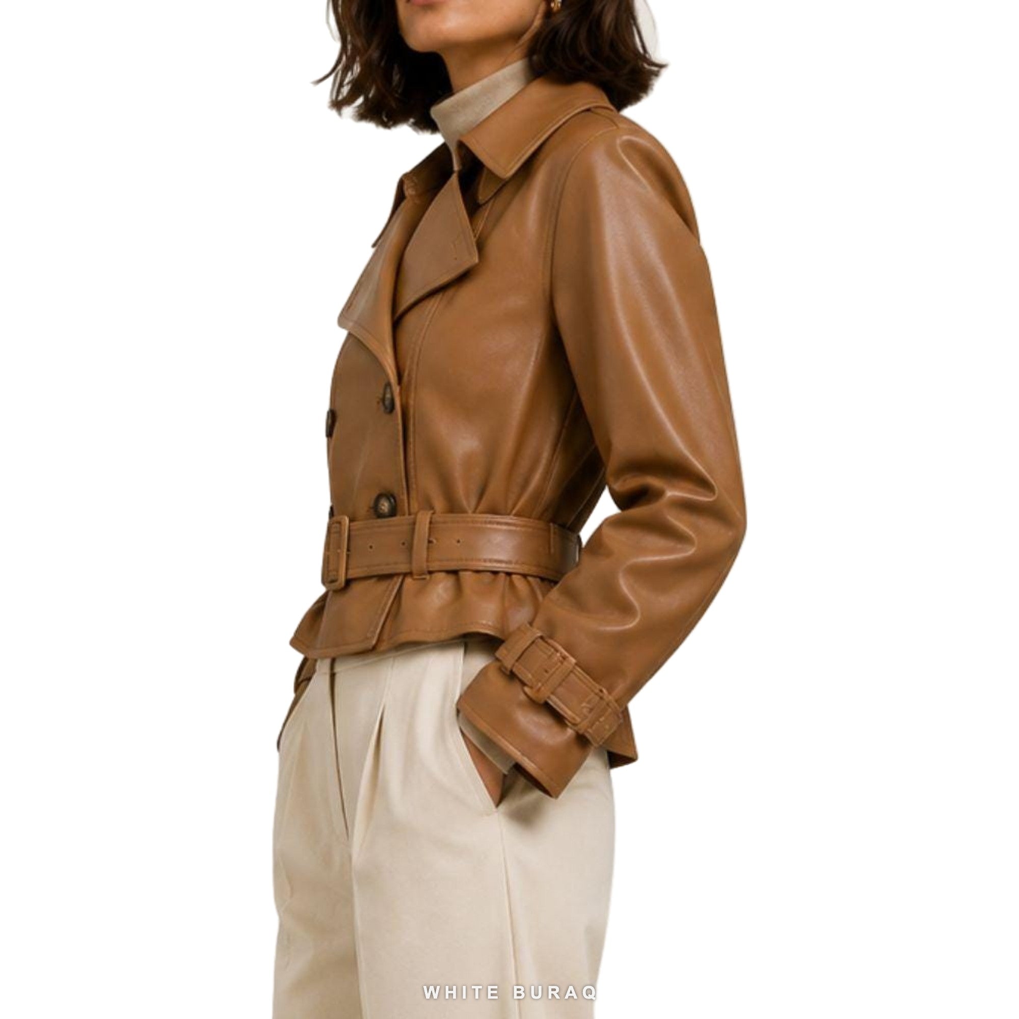 Women's Camel Double-Breasted Belted Biker Jacket – view 4