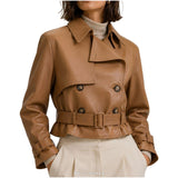 Women's Camel Double-Breasted Belted Biker Jacket – view 6