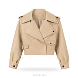 Women's Beige Cropped Leather Biker Jacket