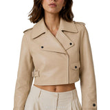 Women's Beige Cropped Leather Biker Jacket – view 2