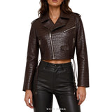 Women's Dark Brown Croc-Embossed Cropped Biker Jacket
