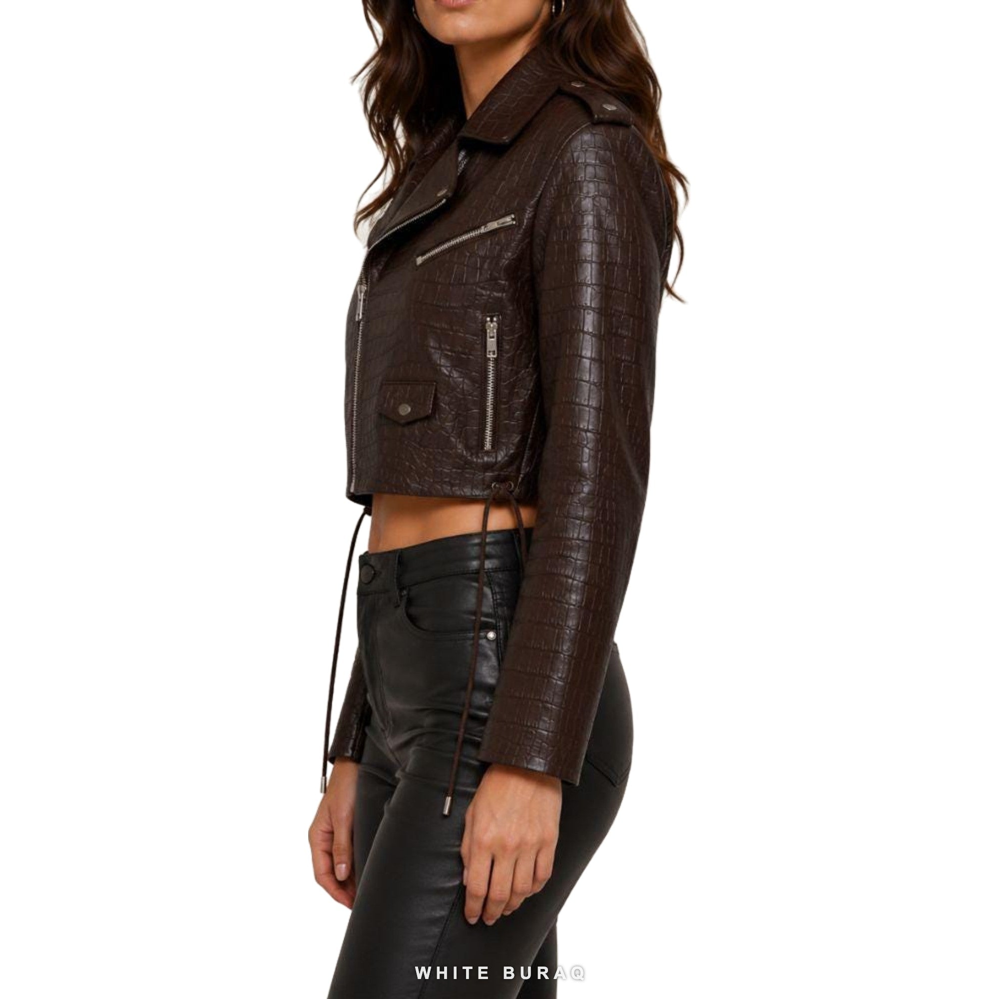 Women's Dark Brown Croc-Embossed Cropped Biker Jacket – view 3