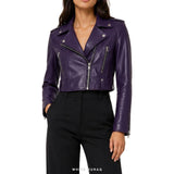 Women's Purple Sheepskin Cropped Biker Jacket – view 2
