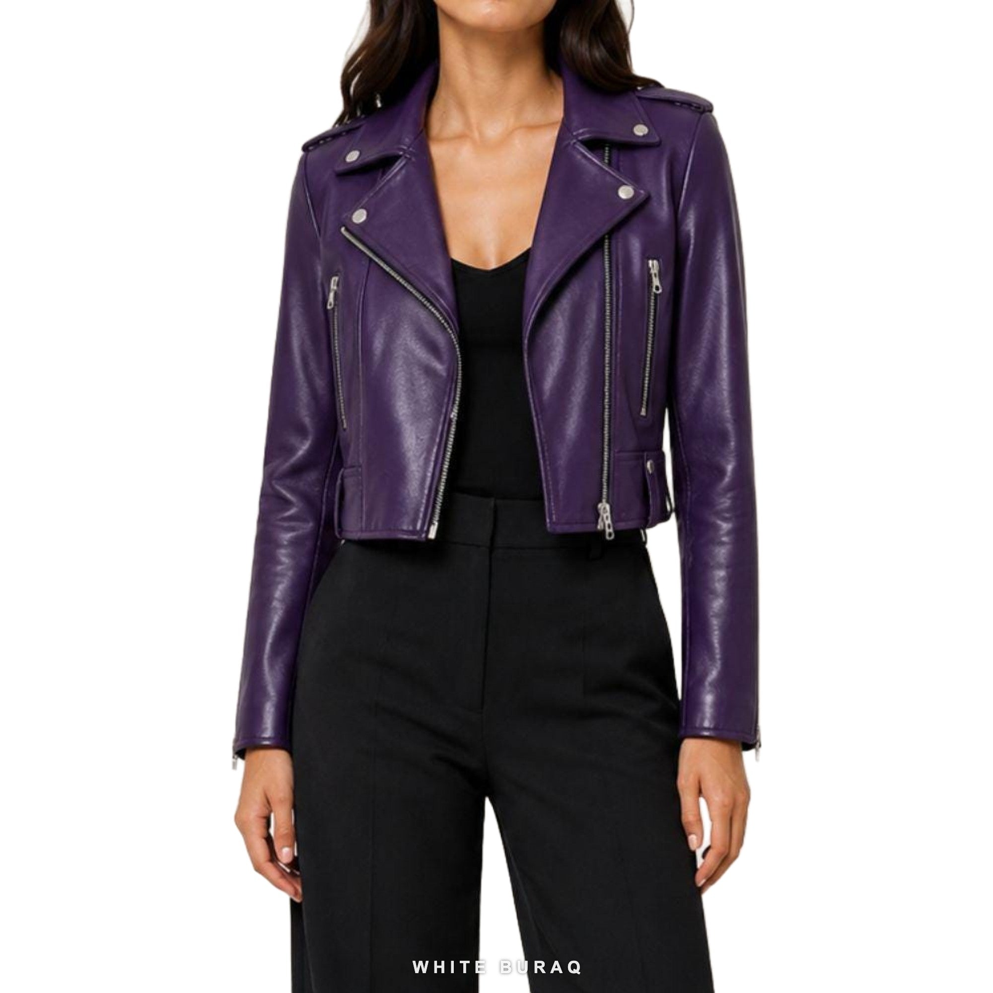 Women's Purple Sheepskin Cropped Biker Jacket – view 4