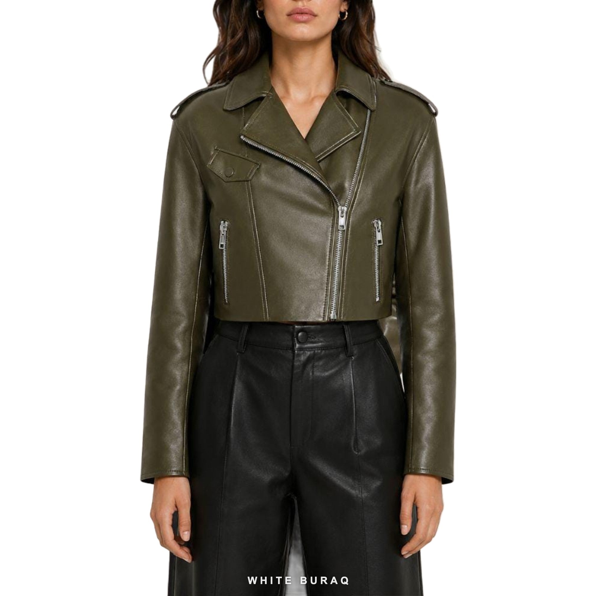 Women's Olive Green Cropped Sheepskin Biker Jacket
