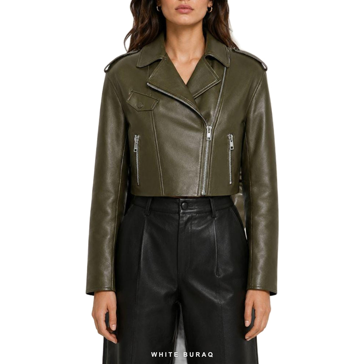 Women's Olive Green Cropped Sheepskin Biker Jacket