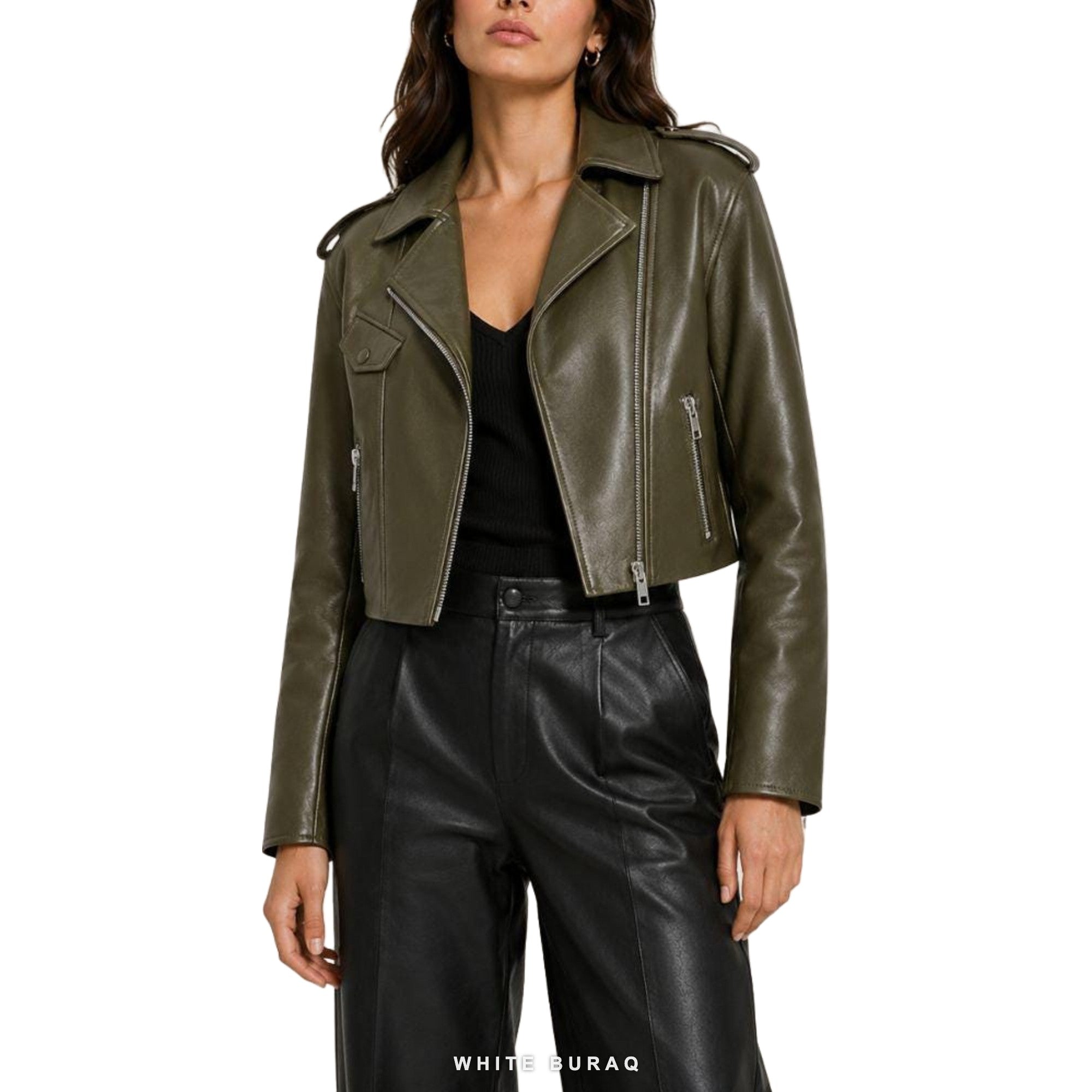 Women's Olive Green Cropped Sheepskin Biker Jacket – view 2