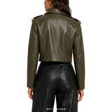 Women's Olive Green Cropped Sheepskin Biker Jacket – view 3