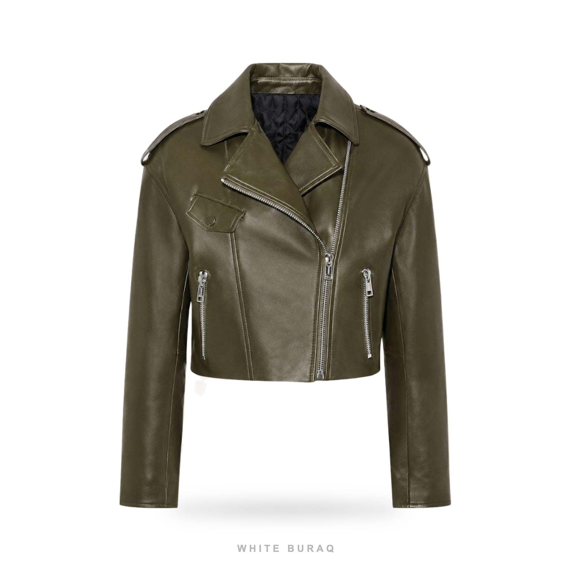 Women's Olive Green Cropped Sheepskin Biker Jacket – view 4
