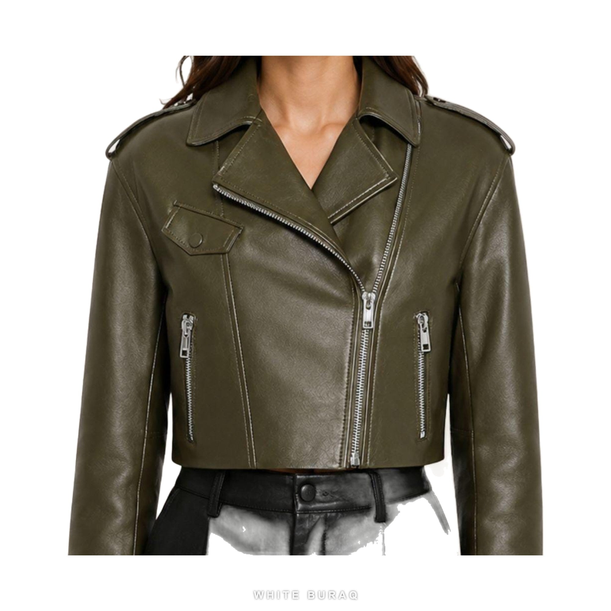Women's Olive Green Cropped Sheepskin Biker Jacket – view 6